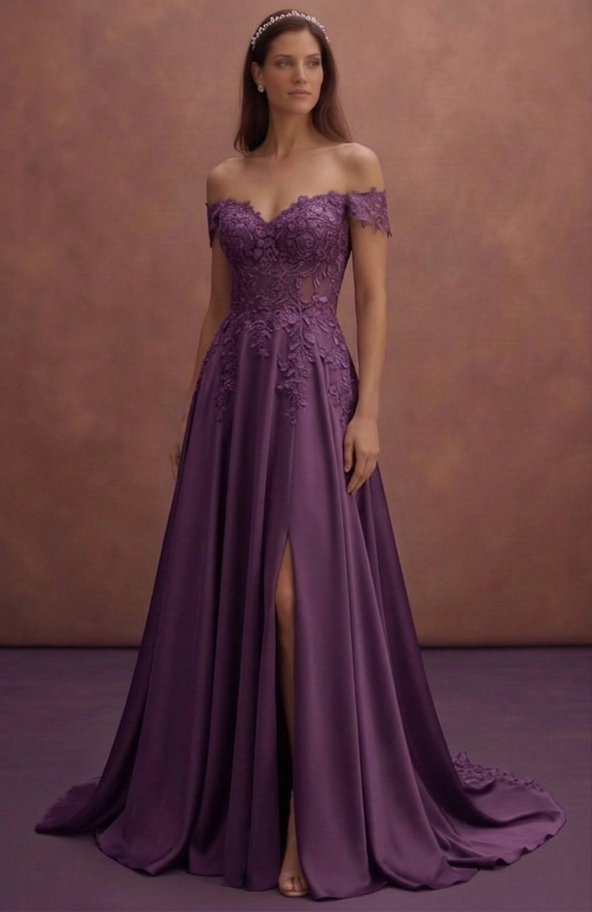 Purple Wedding Dress Off Shoulder Lace Romantic Style Dress