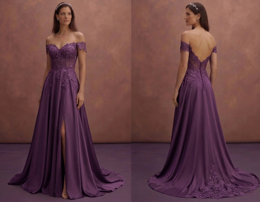 Purple Wedding Dress Off Shoulder Lace Romantic Style Dress