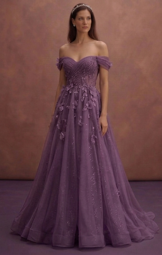 Purple Wedding Dress Off Shoulder Organza Romantic Flow Dress