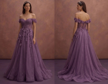 Purple Wedding Dress Off Shoulder Organza Romantic Flow Dress