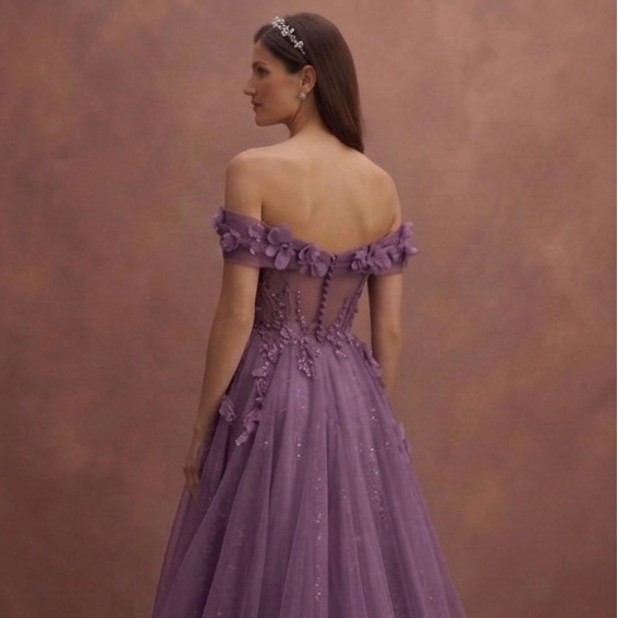 Purple Wedding Dress Off Shoulder Organza Romantic Flow Dress