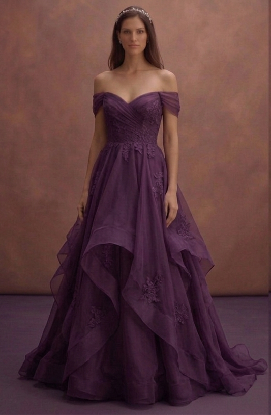 Purple Wedding Dress Off Shoulder Organza Romantic Gown