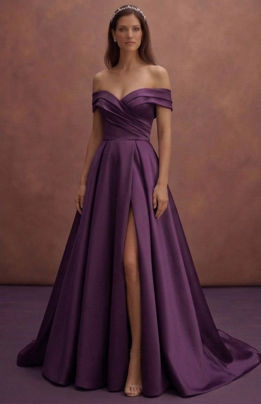 Purple Wedding Dress Off Shoulder Satin Soft Glam Gown