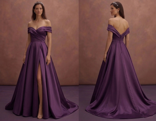 Purple Wedding Dress Off Shoulder Satin Soft Glam Gown