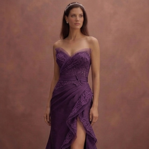 Purple Wedding Dress Strapless Lace Elegant Fit Gown