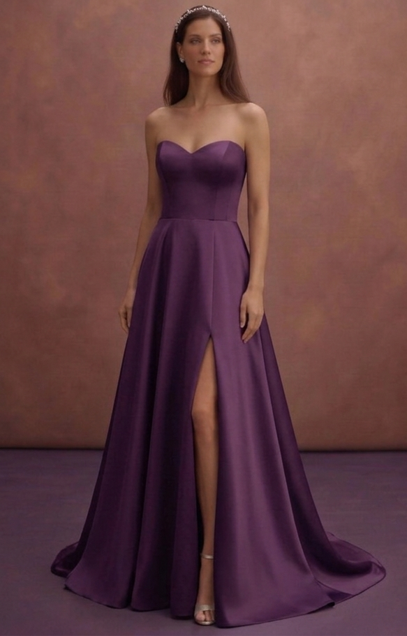 Purple Wedding Dress Strapless Satin Clean Bridal Look