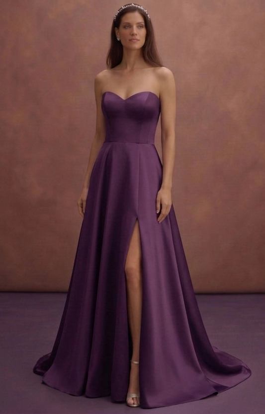 Purple Wedding Dress Strapless Satin Clean Bridal Look