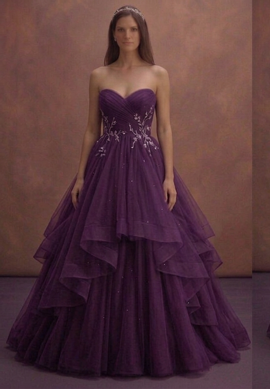 Purple Wedding Dress Strapless Tulle Fairytale Gown