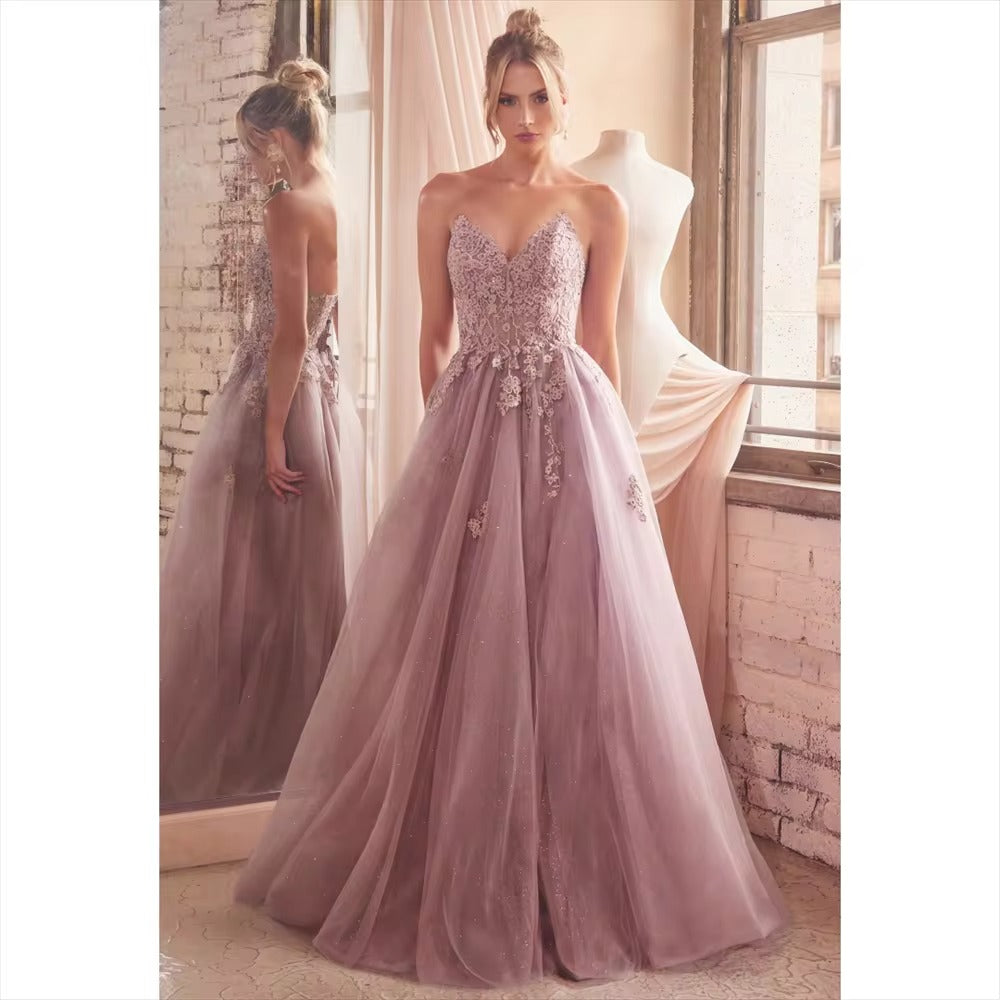 Sansa Dusty Pink Strapless A-line Prom Dress 3D Lace On Chest Vestidos De Noche Sweet Corset Side Split Party Dresses