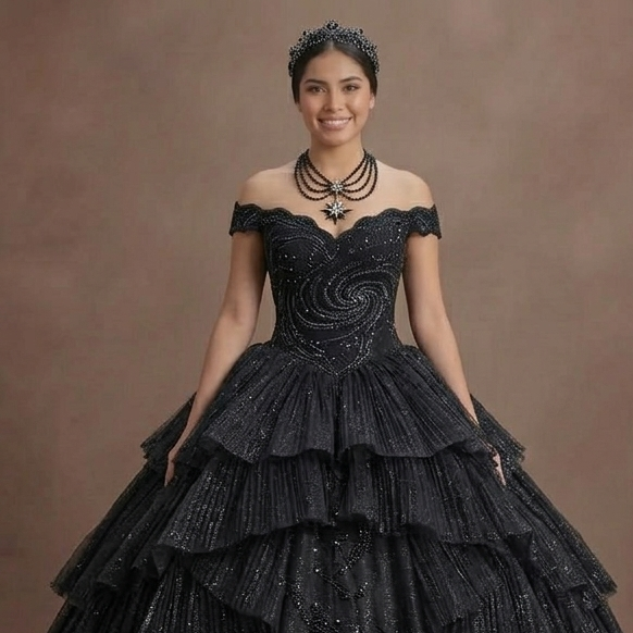 Quinceañera Ball Gown Black Glitter Tulle Glam Night