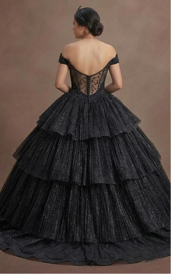 Quinceañera Ball Gown Black Glitter Tulle Glam Night