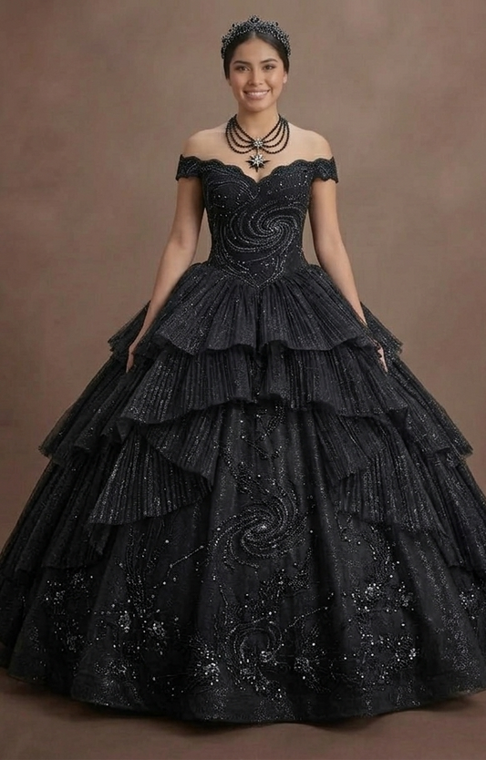 Quinceañera Ball Gown Black Glitter Tulle Glam Night