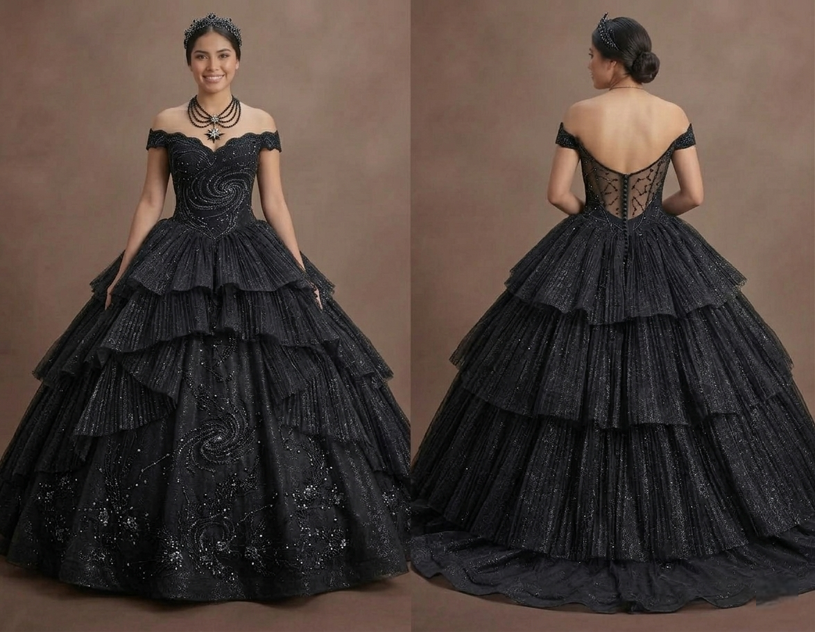 Quinceañera Ball Gown Black Glitter Tulle Glam Night