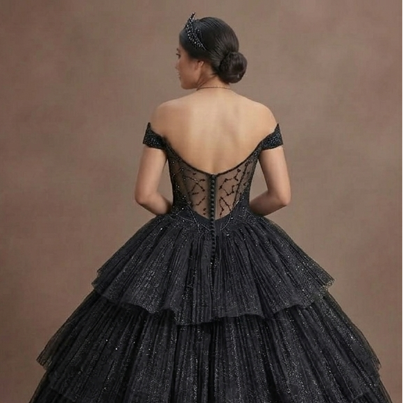Quinceañera Ball Gown Black Glitter Tulle Glam Night