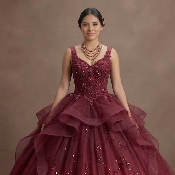 Quinceañera Ball Gown Burgundy Tulle Evening Celebration