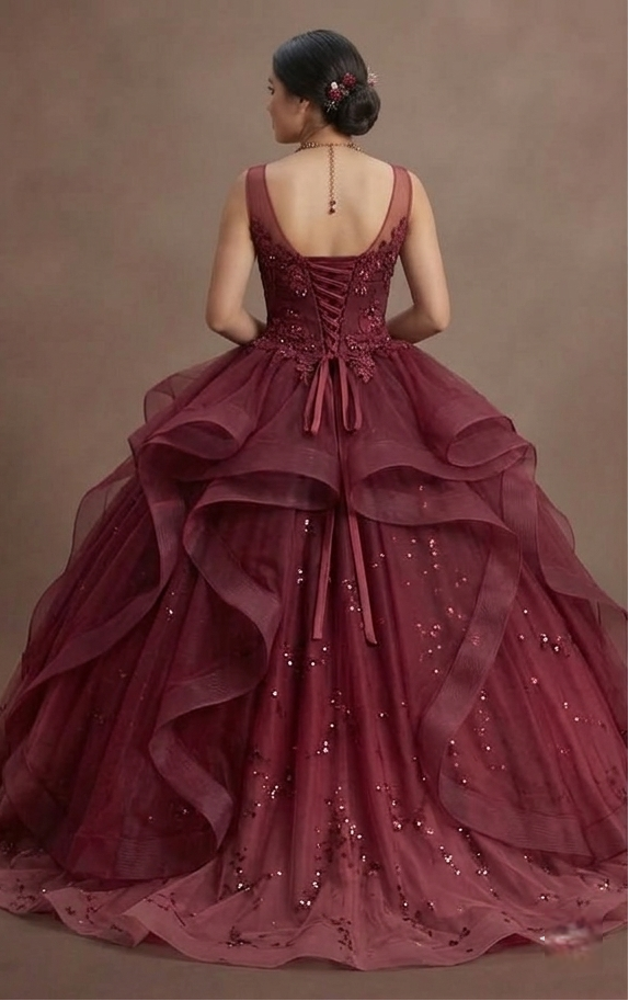 Quinceañera Ball Gown Burgundy Tulle Evening Celebration