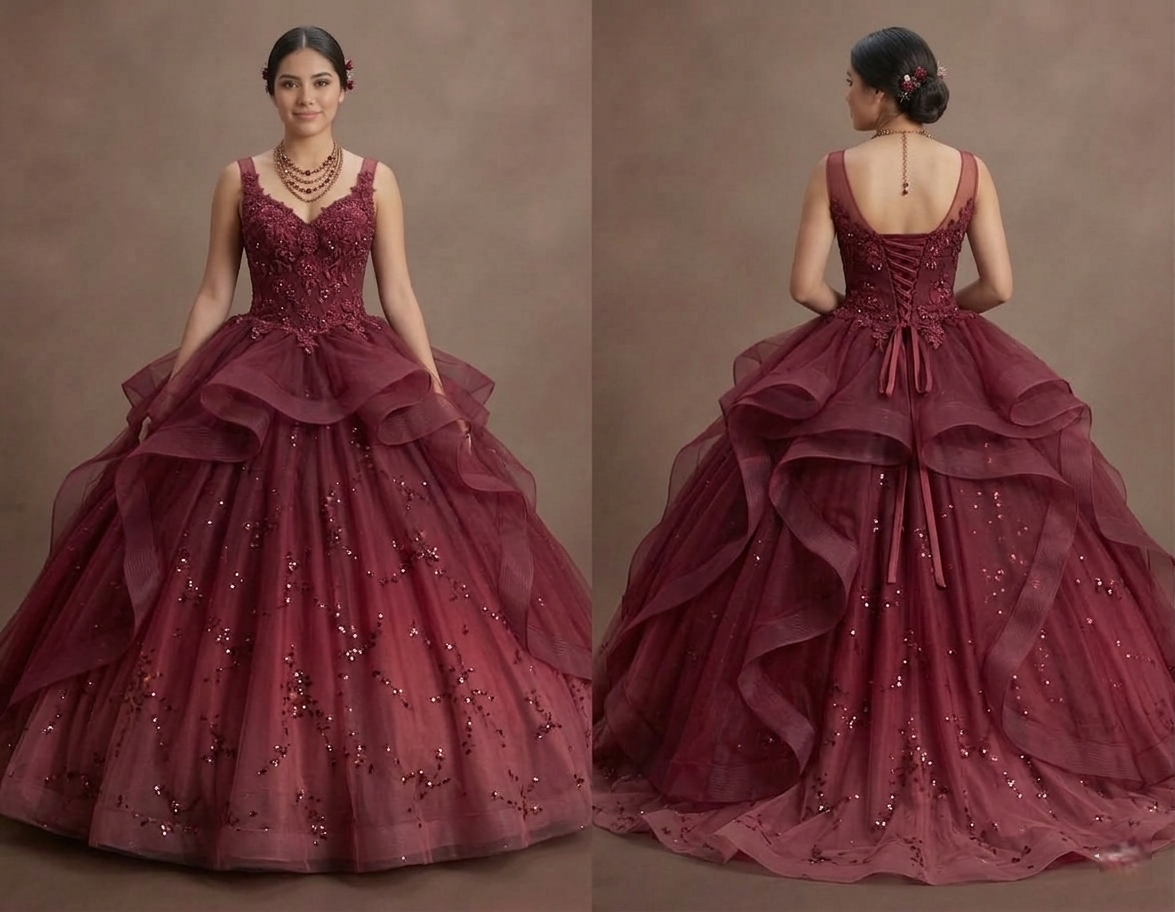 Quinceañera Ball Gown Burgundy Tulle Evening Celebration