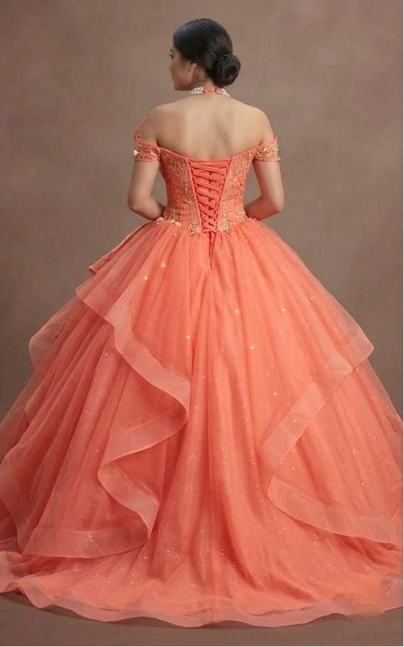 Quinceañera Ball Gown Coral Tulle Summer Party