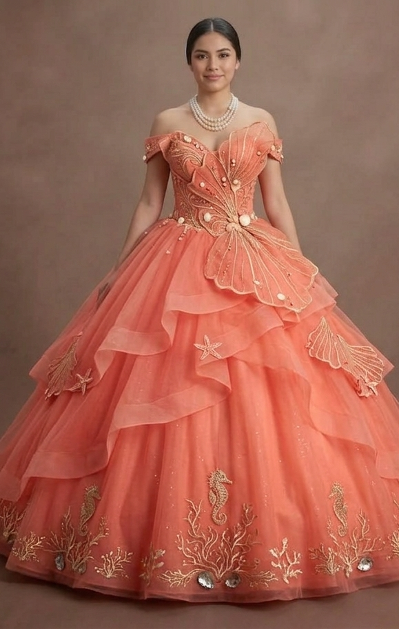 Quinceañera Ball Gown Coral Tulle Summer Party