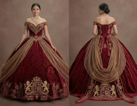 Quinceañera Ball Gown Crimson Velvet Royal Celebration