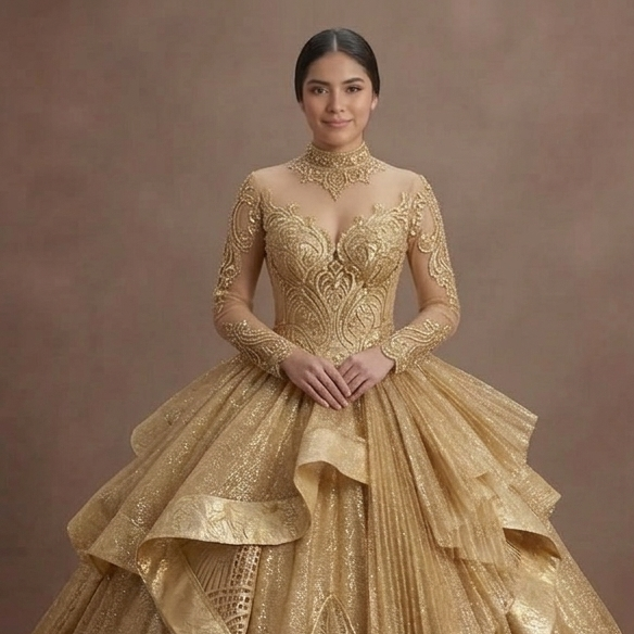 Quinceañera Ball Gown Gold Glitter Tulle Luxury Gala