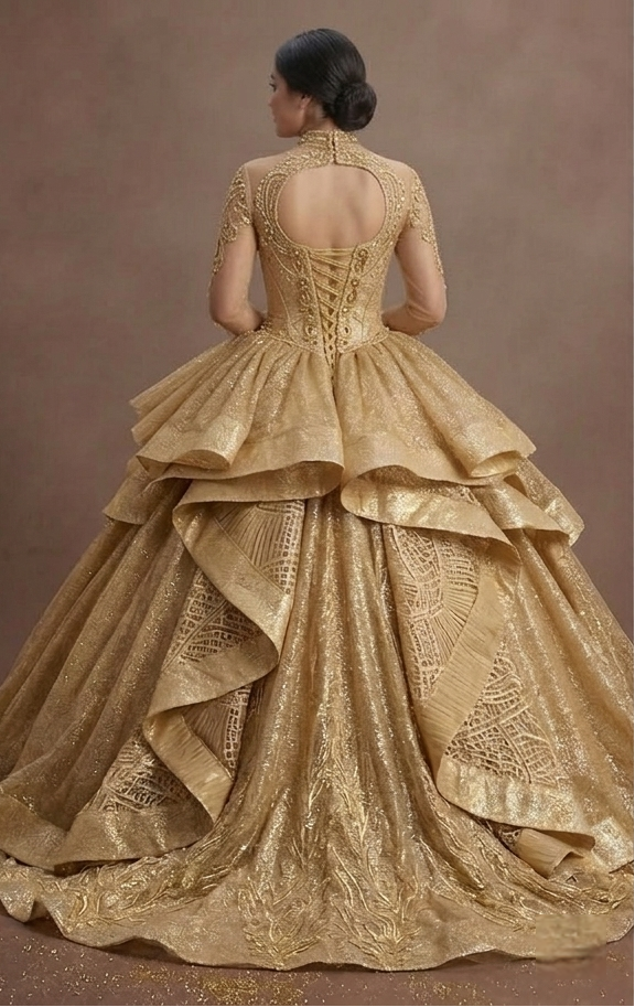 Quinceañera Ball Gown Gold Glitter Tulle Luxury Gala