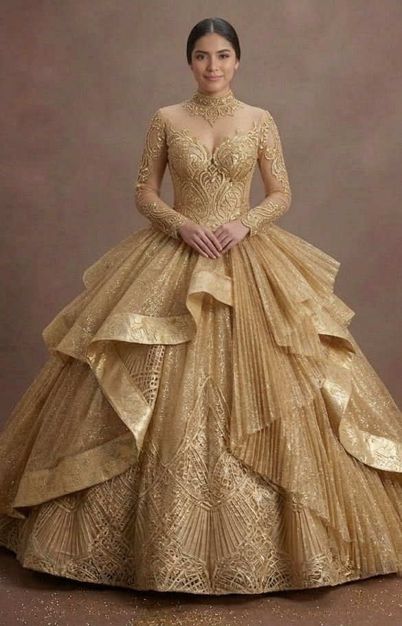 Quinceañera Ball Gown Gold Glitter Tulle Luxury Gala