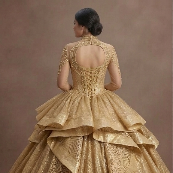 Quinceañera Ball Gown Gold Glitter Tulle Luxury Gala
