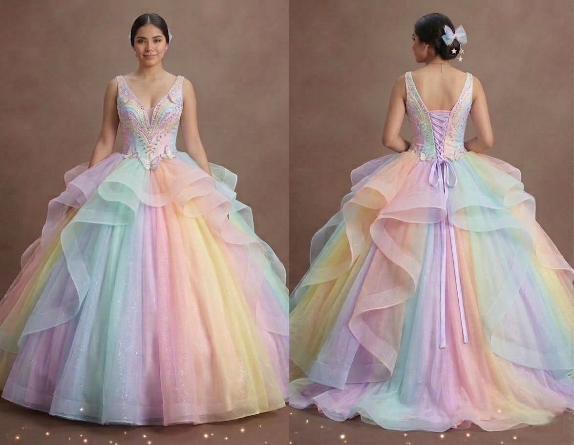 Quinceañera Ball Gown Pastel Rainbow Tulle Fantasy Party