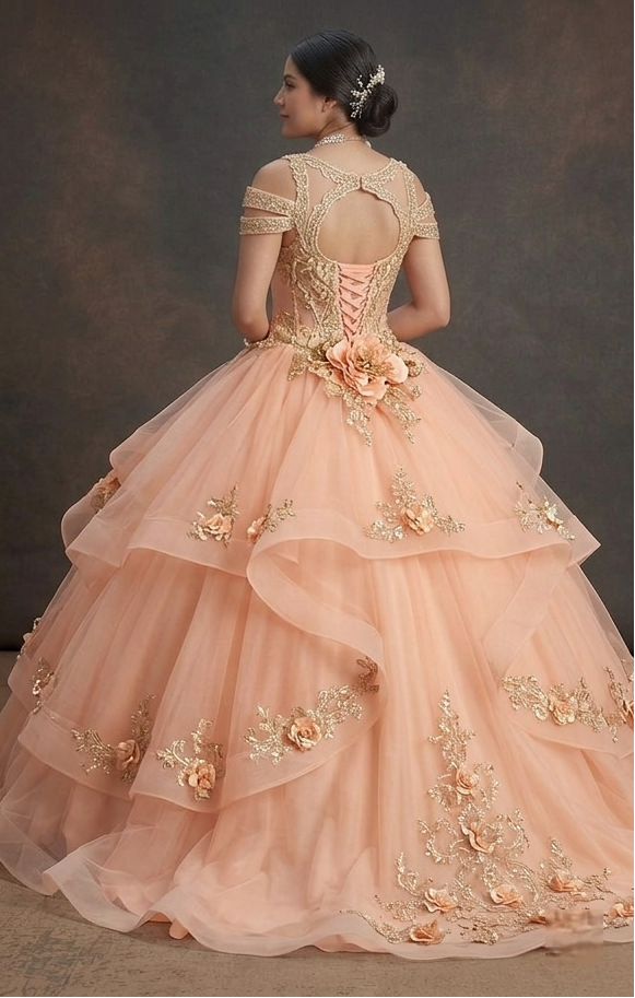 Quinceañera Ball Gown Peach Tulle Outdoor Party