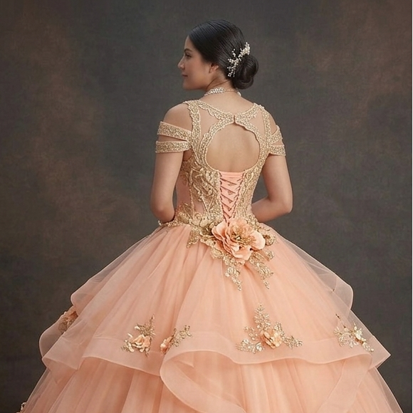 Quinceañera Ball Gown Peach Tulle Outdoor Party
