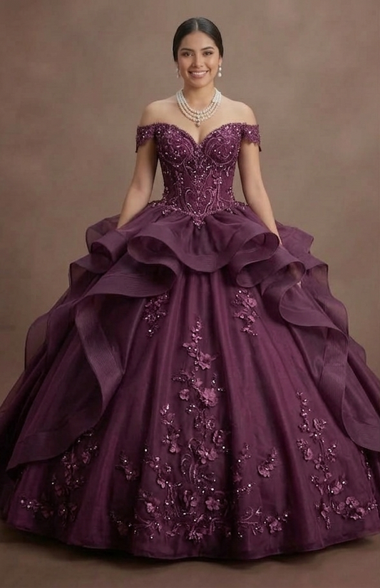 Quinceañera Ball Gown Plum Organza Elegant Reception