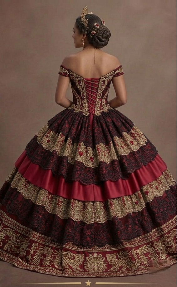 Quinceañera Ball Gown Red Lace Traditional Celebration