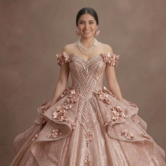 Quinceañera Ball Gown Rose Gold Glitter Tulle Glam Party