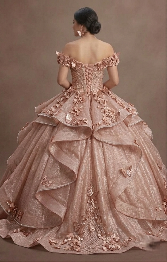 Quinceañera Ball Gown Rose Gold Glitter Tulle Glam Party