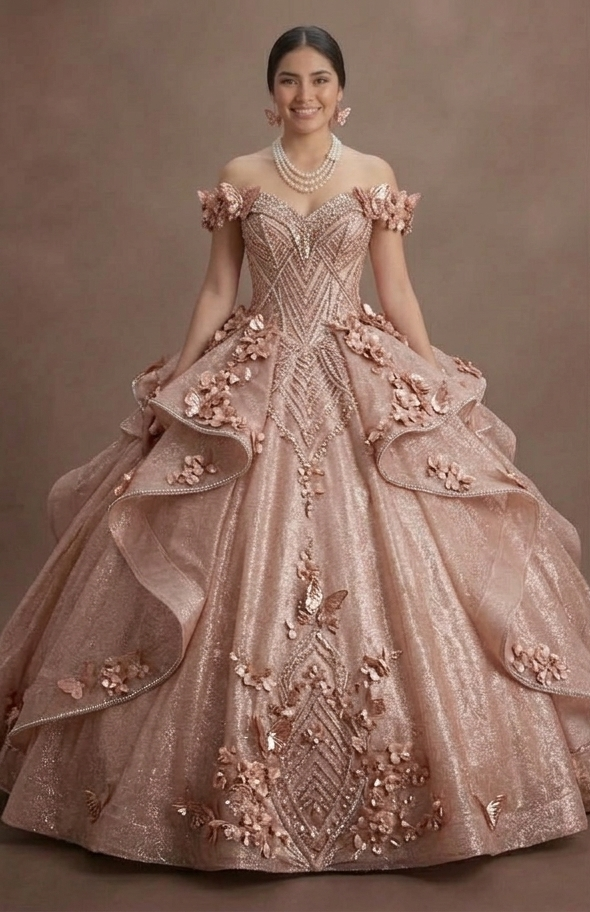 Quinceañera Ball Gown Rose Gold Glitter Tulle Glam Party