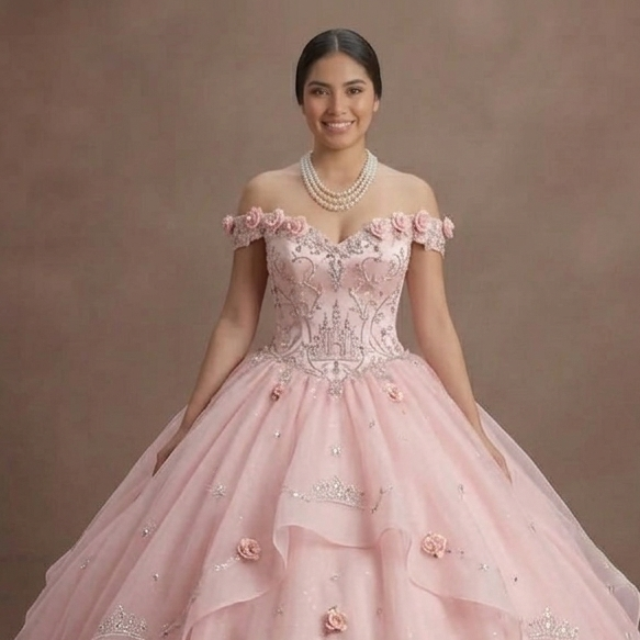 Quinceañera Ball Gown Soft Pink Organza Princess Theme
