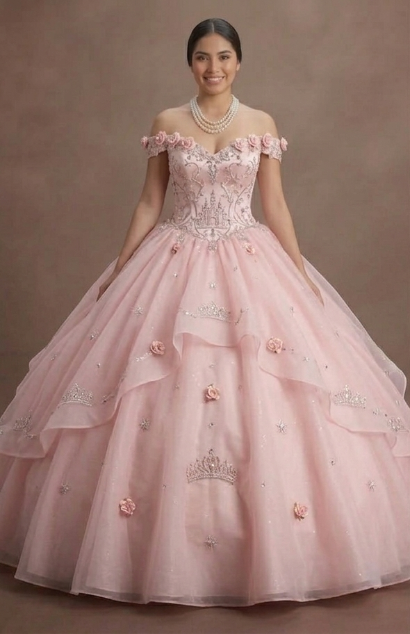Quinceañera Ball Gown Soft Pink Organza Princess Theme