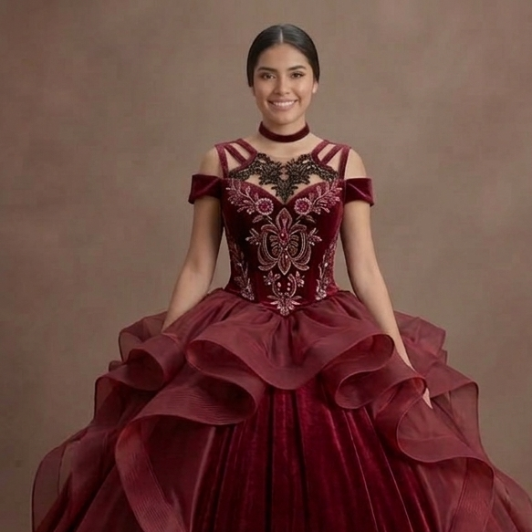 Quinceañera Ball Gown Wine Red Velvet Evening Gala