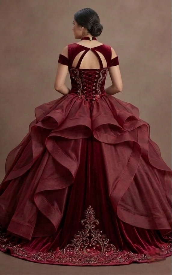 Quinceañera Ball Gown Wine Red Velvet Evening Gala