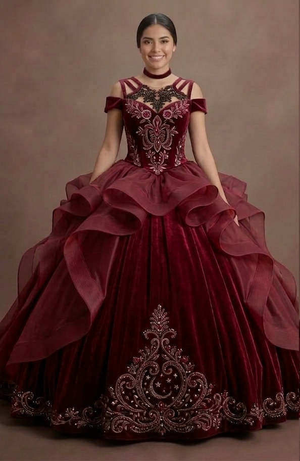 Quinceañera Ball Gown Wine Red Velvet Evening Gala