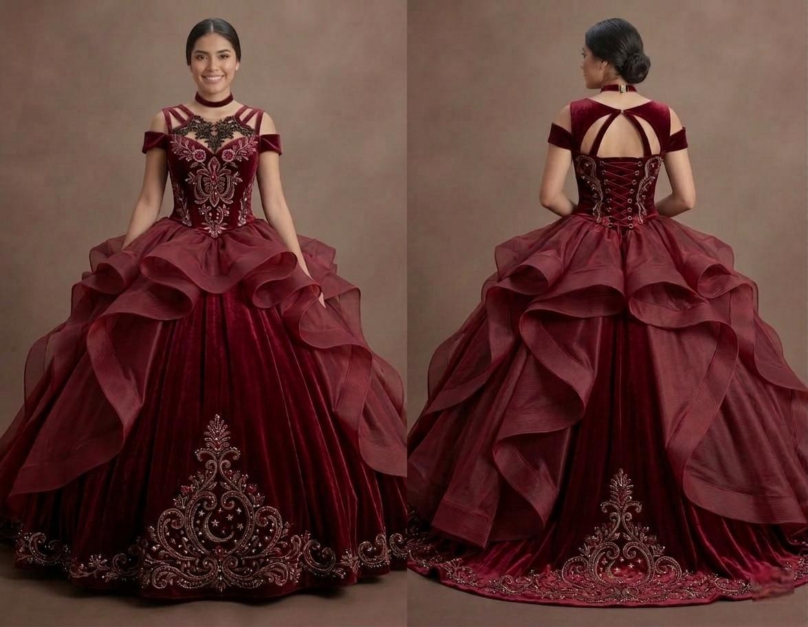 Quinceañera Ball Gown Wine Red Velvet Evening Gala