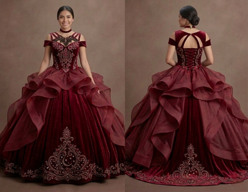 Quinceañera Ball Gown Wine Red Velvet Evening Gala