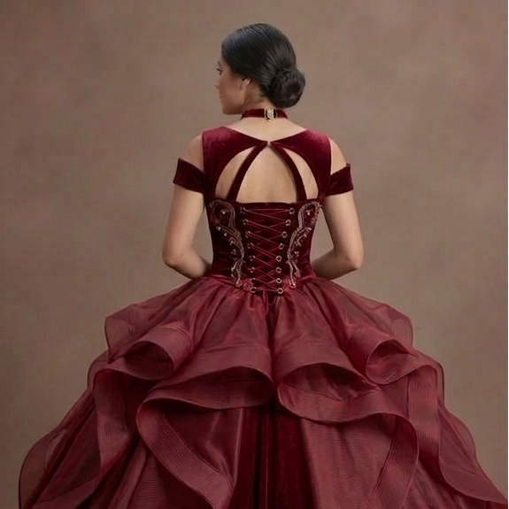 Quinceañera Ball Gown Wine Red Velvet Evening Gala
