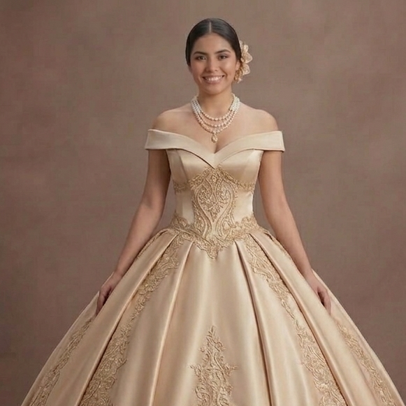Quinceañera Dress Champagne Gold Lace Luxury Reception