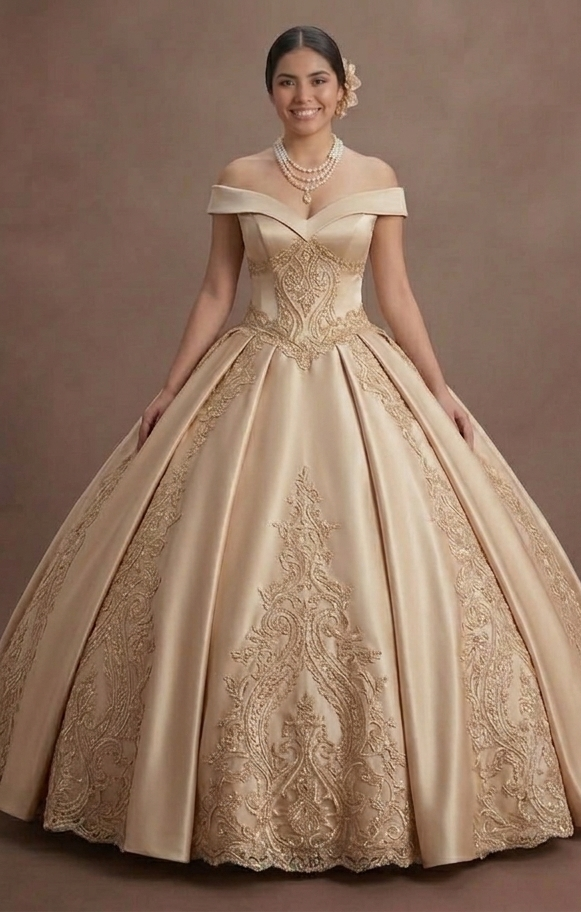 Quinceañera Dress Champagne Gold Lace Luxury Reception