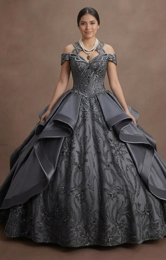 Quinceañera Dress Charcoal Gray Satin Modern Formal