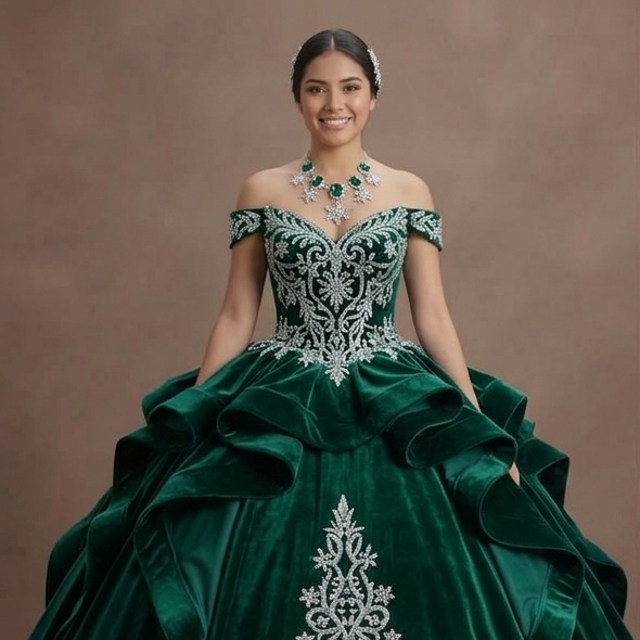 Quinceañera Dress Emerald Green Velvet Winter Royal Theme