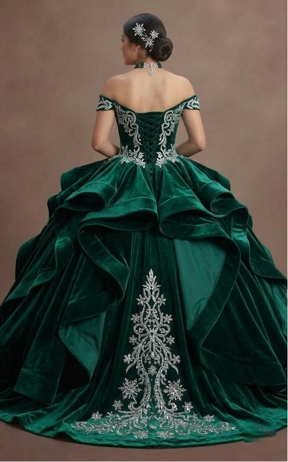 Quinceañera Dress Emerald Green Velvet Winter Royal Theme