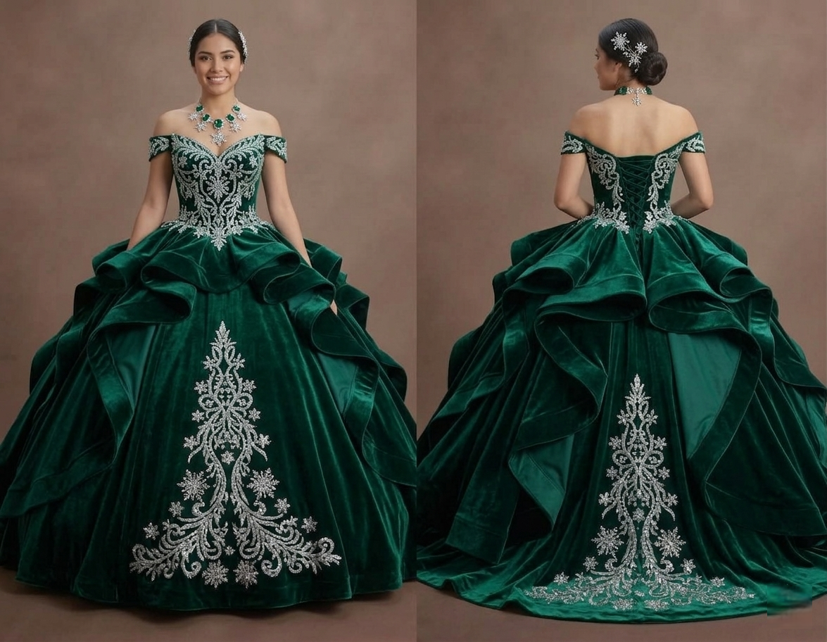 Quinceañera Dress Emerald Green Velvet Winter Royal Theme